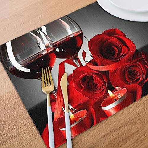 Set of 6 Red Wine Rose Placemats - Washable Table Mats for Dining & Home Decor