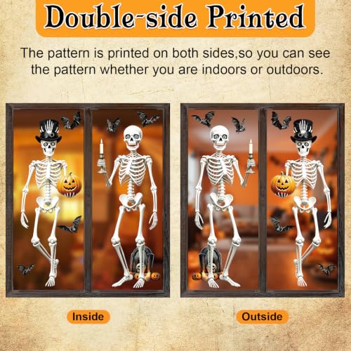 Halloween Window Clings - Large Retro Skull Pumpkin Bat Stickers - Split Skull Variation, Reusable Decals for Home & Party Decor