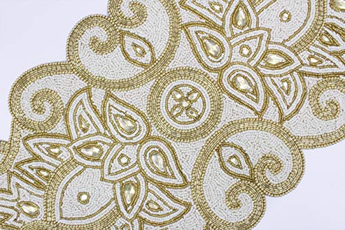 Beaded Table Runner Ivory & Gold - Handmade 13x36 Inches - Gold Variation