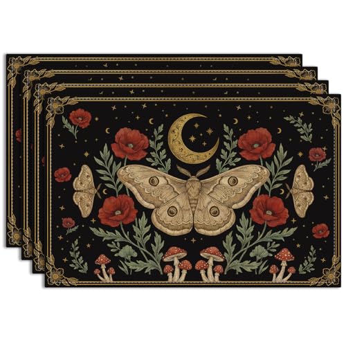 Black Poppy Moth & Moon Placemats Set of 4 - Floral Spring Table Mats