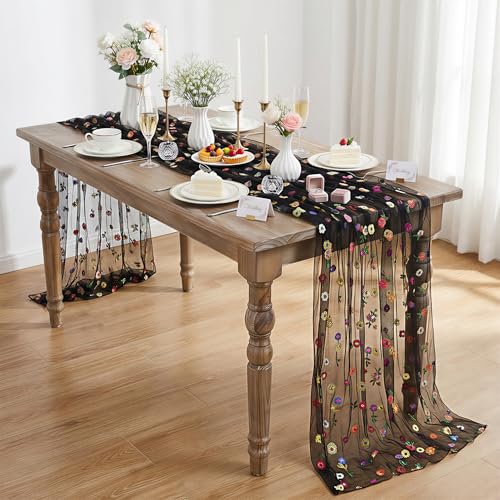 Black Embroidered Floral Daisy Tulle Table Runner 10FT 3 Pack - Halloween Decor