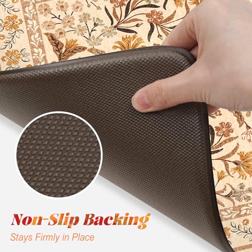 Anti-Fatigue Kitchen Mat with Fall Floral Pattern - Orange 17.3x47 + 17.3x29 Inches