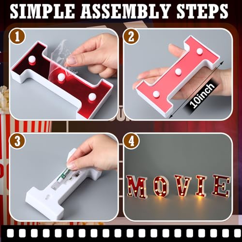 LED Movie Letter Sign Decorations - 10'' Height Movie Night Supplies Set of 7