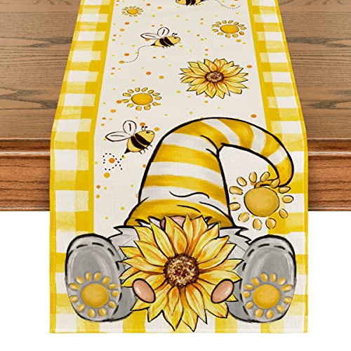 Yellow Buffalo Plaid Sunflower Gnome Table Runner 13x72 Inch for Kitchen & Dining