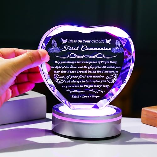 First Communion Gifts for Boys & Girls - 3D Engraved Crystal Praying Boy & Virgin Mary Figurine with Heart Variation