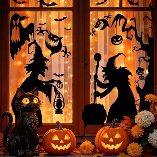 Halloween Window Clings Decor Set - Large Witch, Pumpkin, Ghost & Bat Stickers