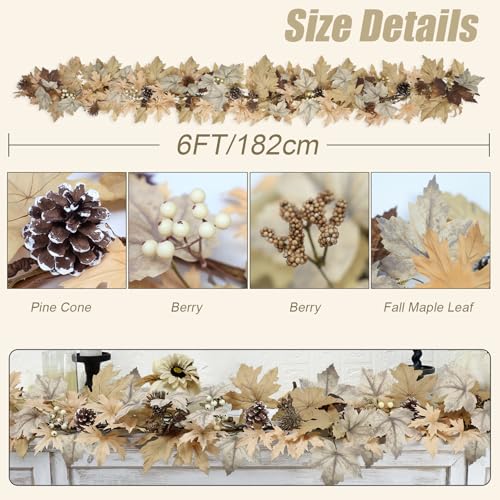 6 Ft Fall Garland with Lights - Real Touch Leaves Berries Pine Cones - Beige