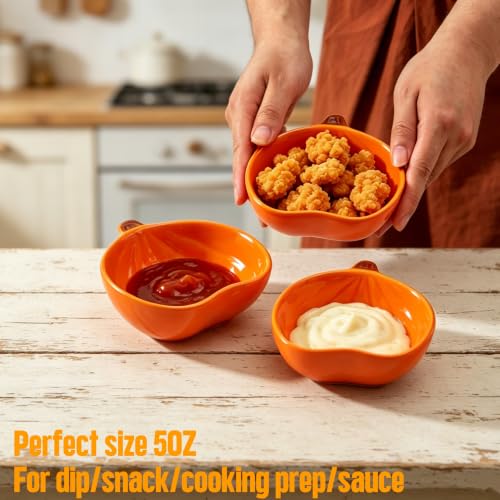 Orange Pumpkin Ceramic Dipping Bowl Set - 6 Mini Leaf-Shaped Sauces 1.6OZ