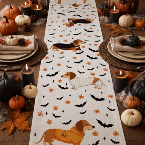Halloween Dachshund Dog Burlap Table Runner - 13x72 Inch Seasonal Kitchen Decor