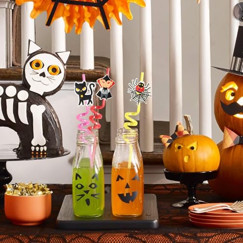 Halloween Reusable Drinking Straws Set - 24pcs Pumpkin Skull Ghost Vampire Designs