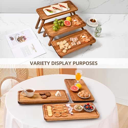 Acacia Brown 3-Tier Wooden Serving Tray Set - Foldable Dessert & Charcuterie Display