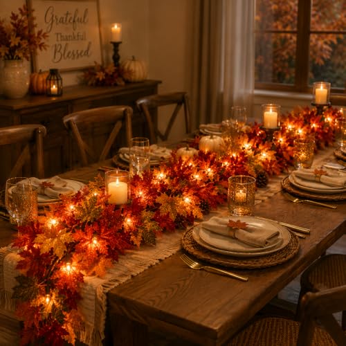 9FT Fall Garland with Lights - Maple Leaf Seasonal Home Decor