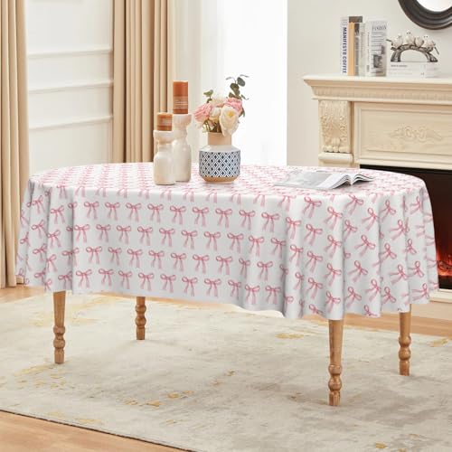 Pink Bow Tablecloth 60x84 Inch Oval - High-Quality Spun Polyester Home Decor