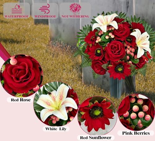 Artificial Cemetery Flowers for Grave Decorations - Realistic Rose Gerbera Lily Bouquet with Vase & Butterfly