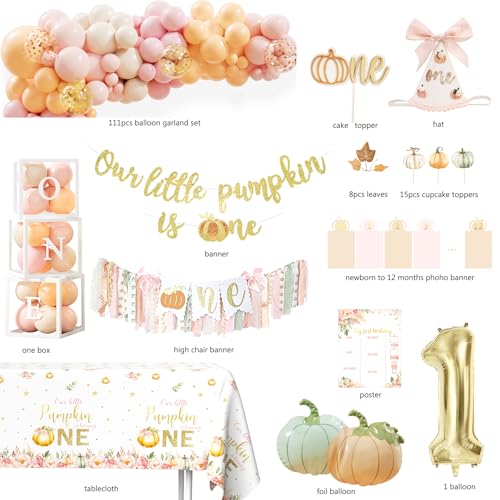 First Birthday Pumpkin Decorations Set for Fall Party - Girl Baby 1st Birthday Supplies