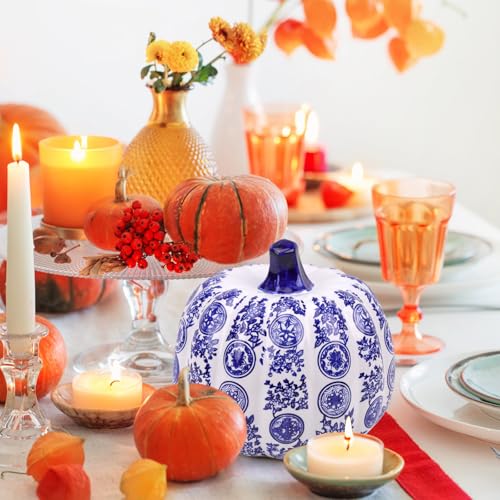 Blue and White Ceramic Pumpkin Decoration with Circular Pattern - 8 Inch