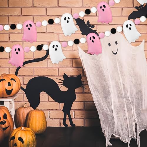Halloween Felt Ghost Garland - Pre-Strung Pink & White Ghosts with Felt Balls, 8.2 Feet Home Holiday Decor