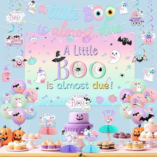 Pastel Halloween Baby Shower Decorations with Banner, Cake Topper & Balloons - A Little Boo Is Almost Due - Variation of Pastel Baby Shower