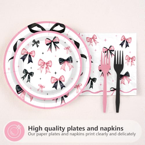 Black Pink Bow Birthday Party Supplies Set - Serves 24, 96 Pieces