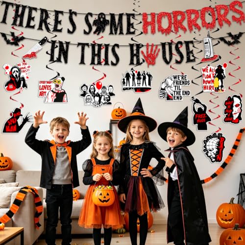 Halloween Horror Banner with Blood Dripping Letters and Spooky Silhouettes