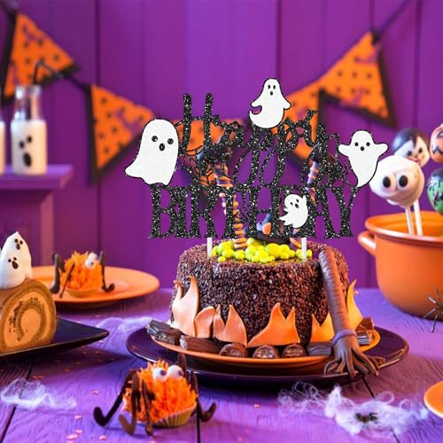 Halloween Ghost Cake Topper Glitter Black Ghosts Spider Webs Bats for Birthday & Party