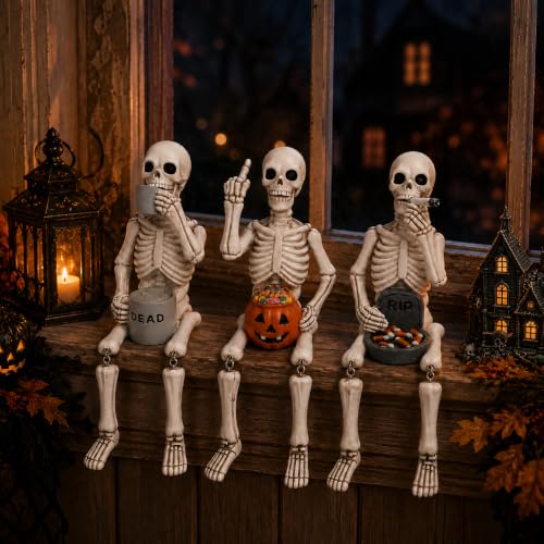Halloween Skeleton Statues Set of 3 - Funny Shelf Sitters for Seasonal Decor - Variation 1