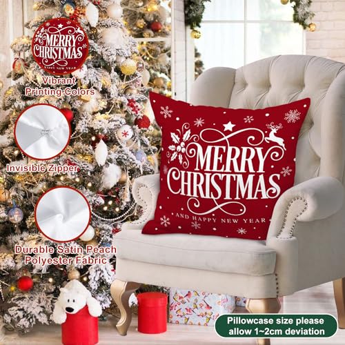 Christmas Pillow Covers Set of 4 22x22 Inches - Red & White Snowflake Decorative Cushion Covers for Sofa, Bed, Home Winter Decor Variation of Red / 22" x 22"