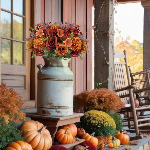 Artificial Fall Flowers Bouquet Set - Orange & Red Faux Autumn Flowers for Decor