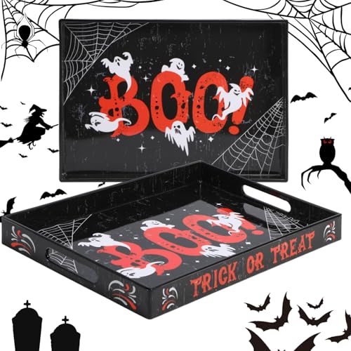 Halloween Ghost Serving Tray with Handles - Acrylic Platter, Black & Orange, 13.8x9.8 Inches, Ghost Variation