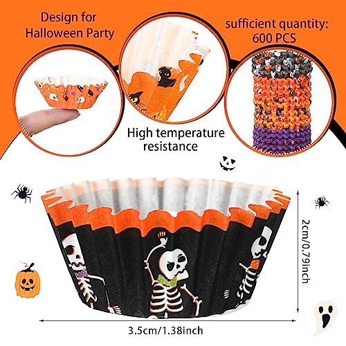 600 Pack Halloween Mini Cupcake Liners - Pumpkin, Spider, Skull, Bat Designs