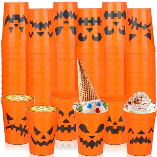 Halloween Plastic Cups 12 oz Orange Pumpkin Jack O Lantern Party Supplies - 60 Pieces