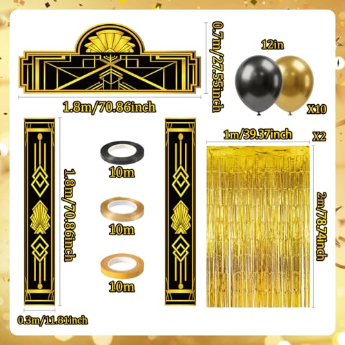 1920s Speakeasy Party Decorations Gold Foil Curtain Backdrop & Balloons