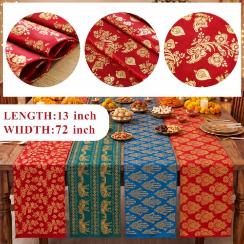 Diwali Themed Linen Table Runner Set - 4 Piece Indian Celebration Decor