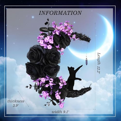 Halloween Wreath Decorations - Black Cat Half Moon Wreath with Lights - Purple Rose Variation
