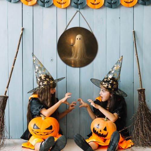 Halloween Ghost Round Door Sign - 10 Inch Wooden Rustic Plaque with Rope - Ghost-3 Variation