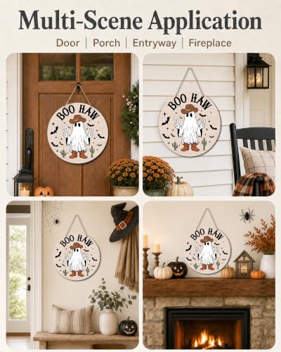 Halloween Front Door Wooden Sign with Ghost, Pumpkin & Bats - 12x12 Inches
