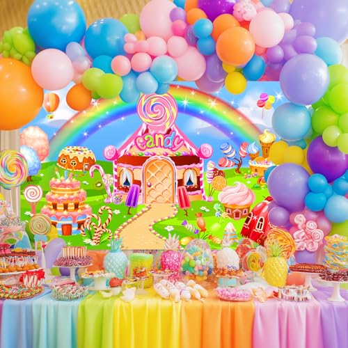 Candyland Theme Backdrop Rainbow Candy House & Dessert Banner for Kids Birthday Party