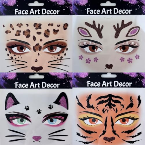 Animal Face Temporary Tattoo Stickers - Leopard, Tiger, Cat, Deer, Multicolour