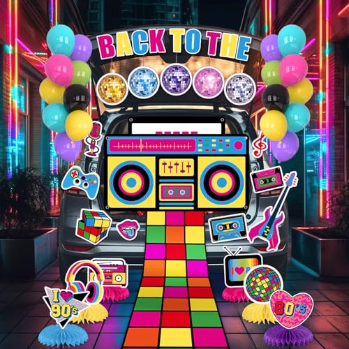 80s 90s Retro Car Trunk Party Kit - Boombox Backdrop, Balloons & Decorations