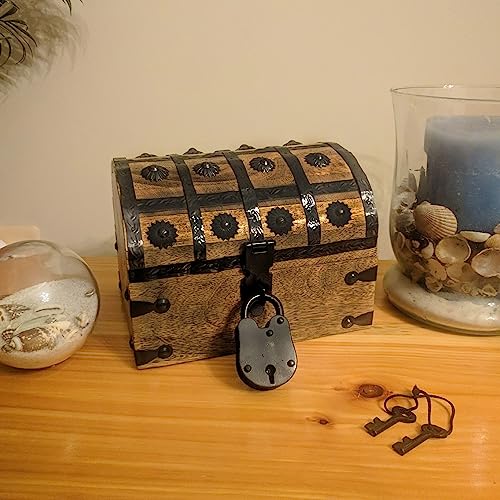Pirate's Treasure Chest Jewelry Box with Lock & 2 Keys - 8x6x6 Inches, Wooden Nautical Decor - 1 Pack