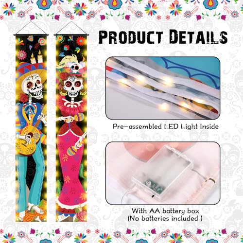 3-Pack Day of The Dead Porch Signs with LED Lights - Mexican Sugar Skull Door Decorations for Halloween & Fiesta