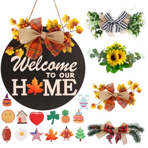 Interchangeable Seasonal Welcome Sign with 4 Wreaths & 14 Holiday Icons - Rustic Wooden Front Door Decor