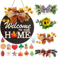 Interchangeable Seasonal Welcome Sign with 4 Wreaths & 14 Holiday Icons - Rustic Wooden Front Door Decor