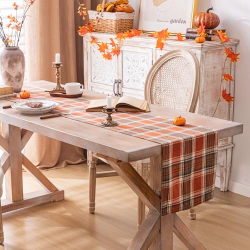 AQOTHES Fall Thanksgiving Rust Orange Plaid Table Runner 13x108 Inches
