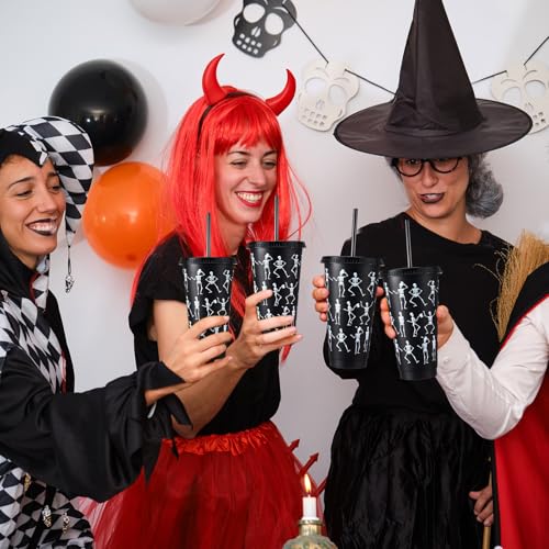 Skeleton Plastic Cups with Lids & Straws - Black Halloween Party Bulk 24 oz Variation of Skeleton / Black