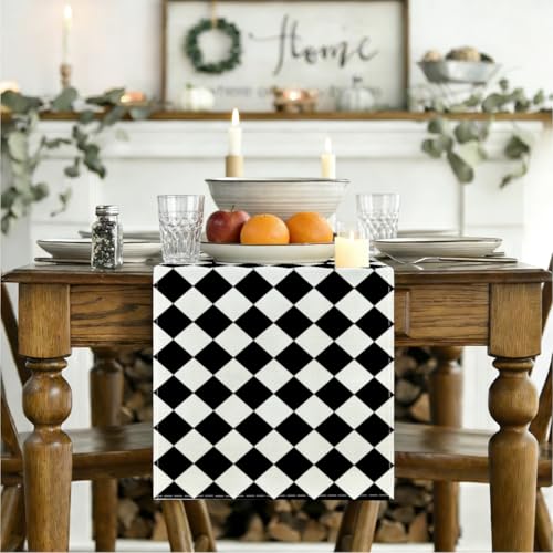 Geometric Pattern Black Beige Diamond Table Runner for Dining & Home Decor - 13x72 Inches