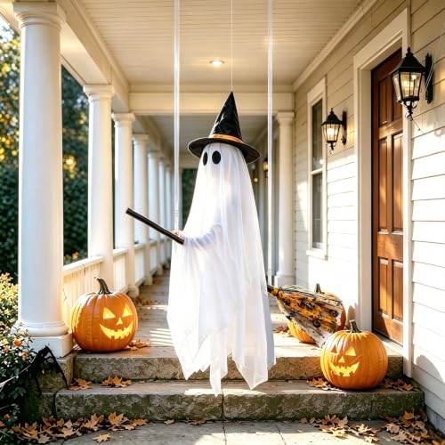 Halloween Ghost Decoration with Witch Hat and Detachable Broom - Outdoor Spooky Yard Decor