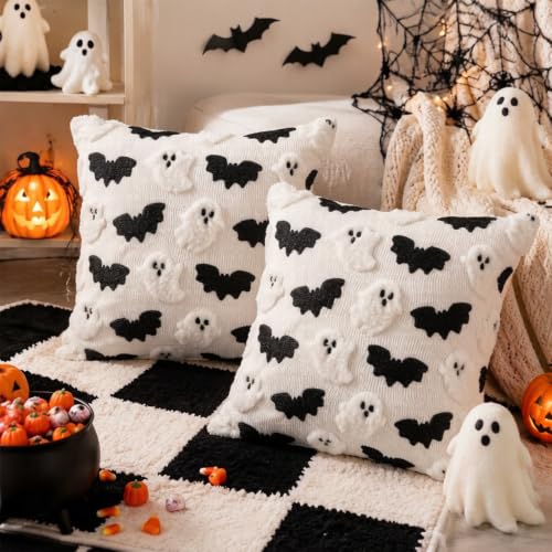 Halloween Throw Pillow Covers Set of 2 Ghost and Bat Design 18x18 Inches