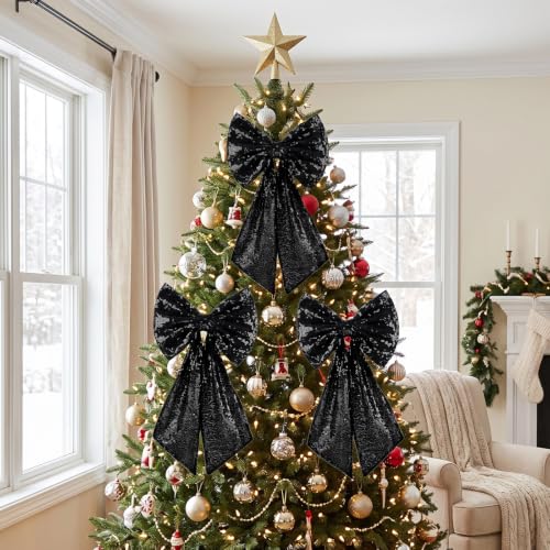 PartyDelight Black Sequin Bow Decorations 10x18 Inch 3 Pack - Sparkly Event Decor