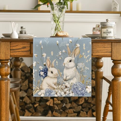 Blue Bunny Rabbit Hydrangea Easter Table Runner 13x48 Inch Spring Home Decor
